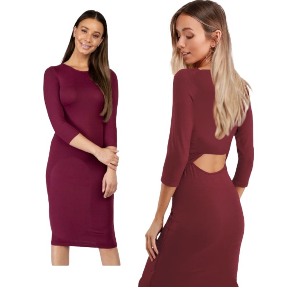 Dress bodycon fashion cut out open back knee length burgundy plum midi